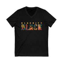 Load image into Gallery viewer, Colorful Blackity Black V-Neck Tee for Social Justice Advocates, Inclusive Fashion Statement, Streetwear, Gift for Activists, Pride Clothing