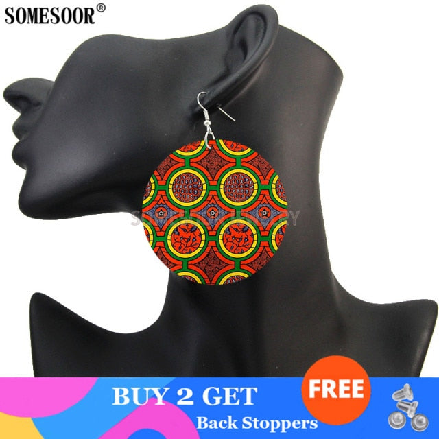 SOMESOOR African Style Ethnic Textile Print Fabric Pattern Wooden Both Sides Printing Round Drop Earrings For Women Gifts